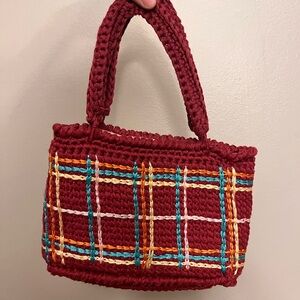 Stylish Red Plaid Crochet Tote Bag